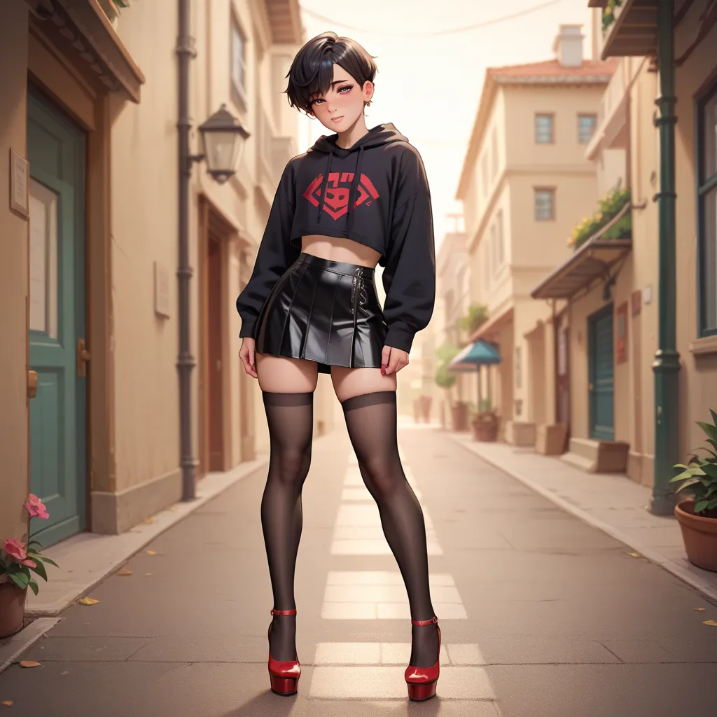  1femboy, stands on his feet, short black hair,  red thong, black sweatshirt with the words "sissyboy",  black stockings, black skirt then knee length, red high heels, shy,  decent