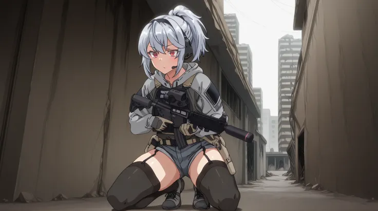 and a fleshy, glamorous figure。 with short silver hair tied in a ponytail with a navy hair band 、 red eyes。The expression of pleasure 。equipped with black tactical armor over a gray hooded jacket、grey denim shorts over thigh length stockings with a black g...