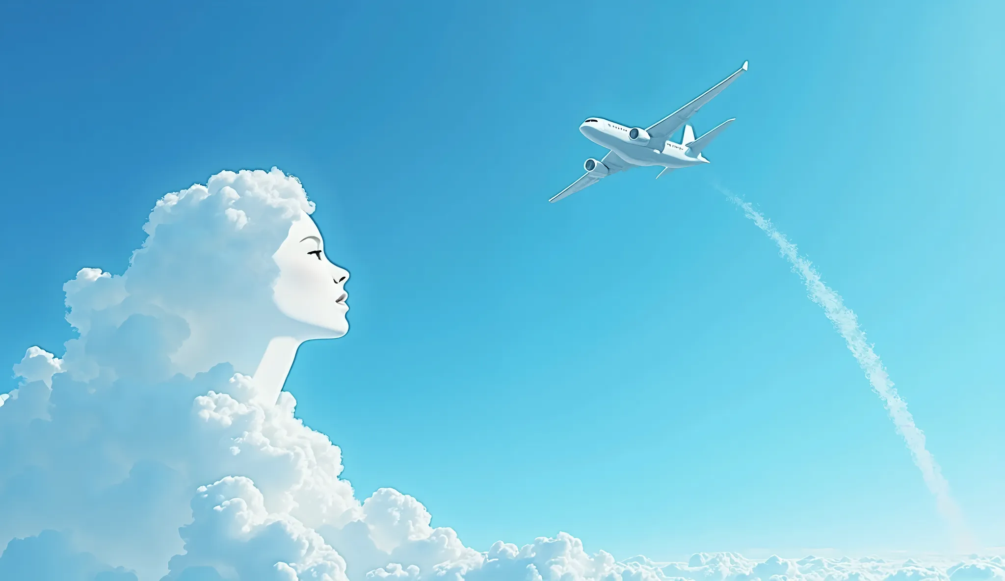 clear blue sky, a single white cloud, cloud in the shape of a girl, a jet airliner flying through the air in the far distance, contrail behind the plane, vivid colors, cinematic