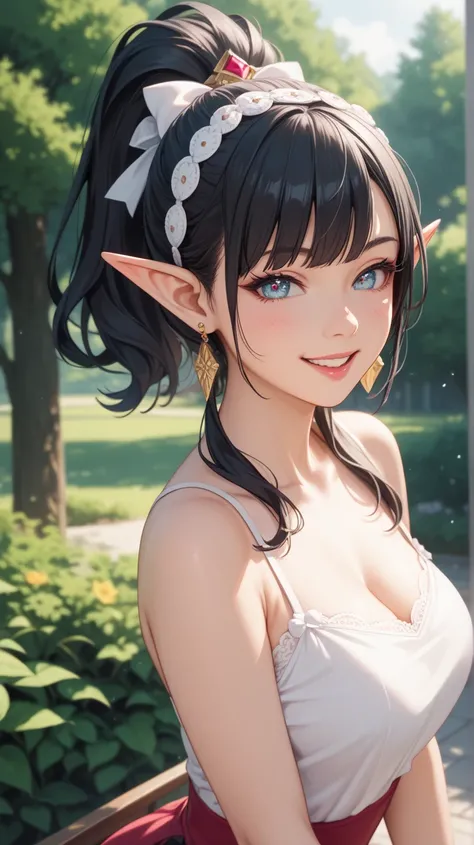 quality（ masterpiece　 delicate depiction　UHD（Ultra Fine）・super detail（very detailed）・best quality（最高quality）4K）appearance（woman　１８Age　 very attractive face 　ponytail　PASTEL COLOR　odd-eye　smile　 black hair　Elf　）composition（Outdoors　Goshuin　Warm colors）　 sty...