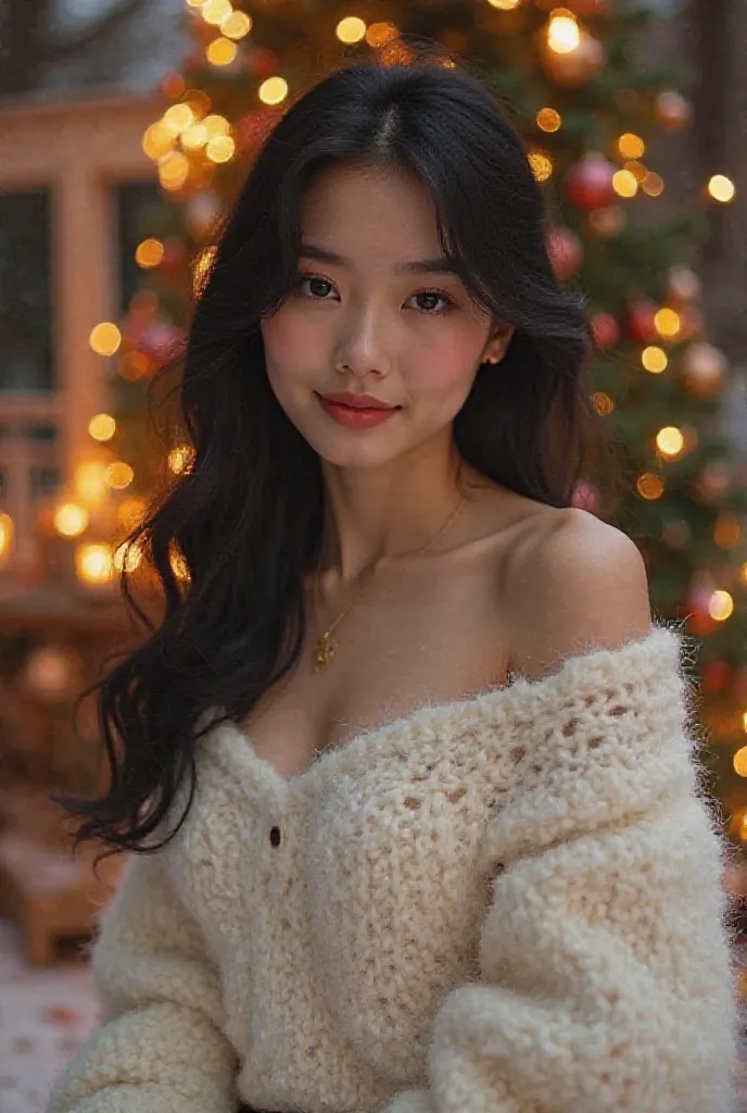 beautiful girl, masterpiece of youthful allure chooses an elegant off-the-shoulder velvet dress white festive holiday sweater, boobs are see through the dress, cute boobs, white jeans. a cozy blanket for comfort ,bonfire is set up in a winter garden, and f...