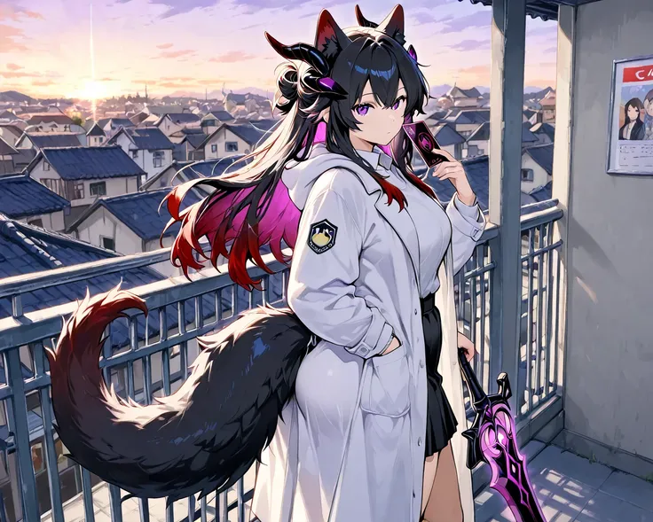 adult woman in work clothes rooftop,  black hair with red tips,
 purple inner color, 
 long hair up to around the waist,
 Hair Hides Right Eye ,
There is a big cut in the right eye, 
I can&#39;t see your ears because of your hair,
 white long coat, 
both b...