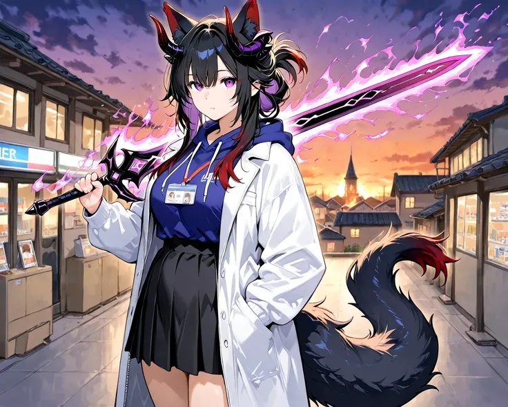 adult woman in work clothes rooftop,  black hair with red tips,
 purple inner color, 
 long hair up to around the waist,
 Hair Hides Right Eye ,
There is a big cut in the right eye, 
I can&#39;t see your ears because of your hair,
 white long coat, 
both b...