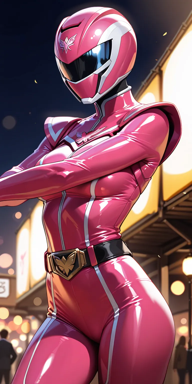 a beautiful female "POWER RANGERS"; Butterfly motif, sexy proportions slim body, powerful protector of justice, wearing a hot pink full-face heroic helmet, hot pink heroic sexy suit, ((All the very short hair is tucked away and cannot be seen)). cowboy sho...