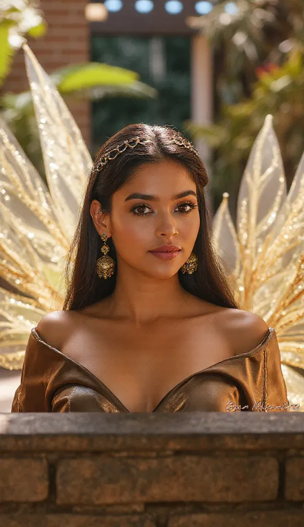 1girl, Solo, Indian, beautiful jawline,Long Hair, Looking at viewer, wearing golden glowing glittering starpless two piece dress,high heels golden, golden glowing fairy wings, high Resolution, Breasts, Super Detailed, Jewelry, Foreshortening, Hyperrealism,...