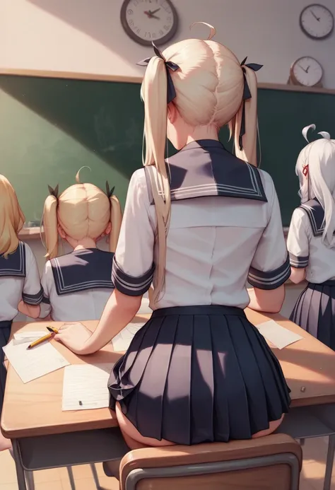 long hair, blonde hair, multiple girls, hair accessory, pigtails, school uniform, white shirt, white hair, ahoge, hair ribbon, pleated skirt, censored, tie, sailor uniform, indoors, black skirt, three girls, from behind, clothes pulled up, mosaic censorshi...