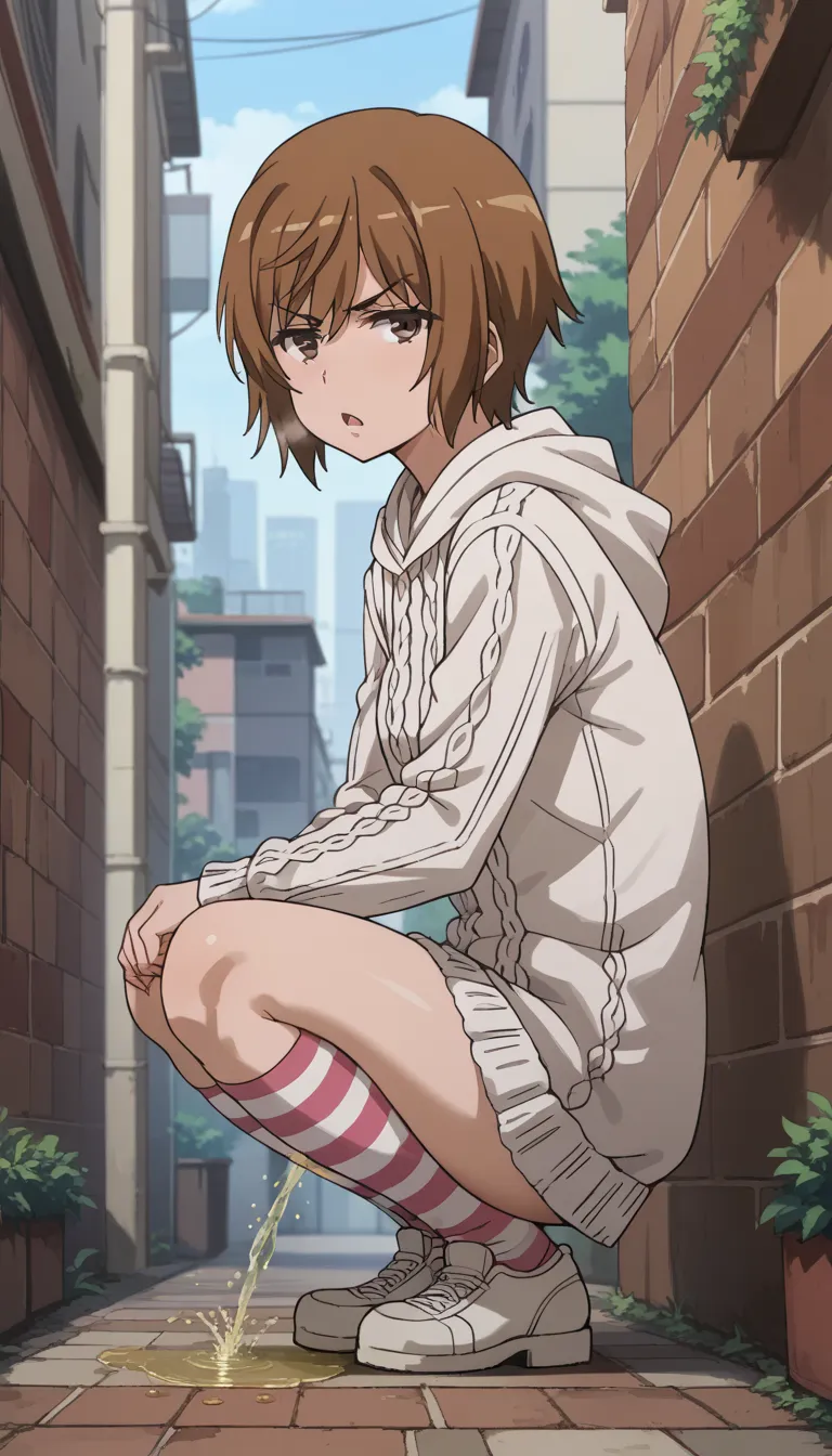 score_9, score_8_up, score_7_up, source_anime, saiai kinuhata, short hair, brown hair, hood, sweater dress, hoodie, stripe socks, white shoes, thighs, wide hip, outdoor, alley, squatting, excessive pubic hair, pussy, peeing, from side, (looking at viewer:1...