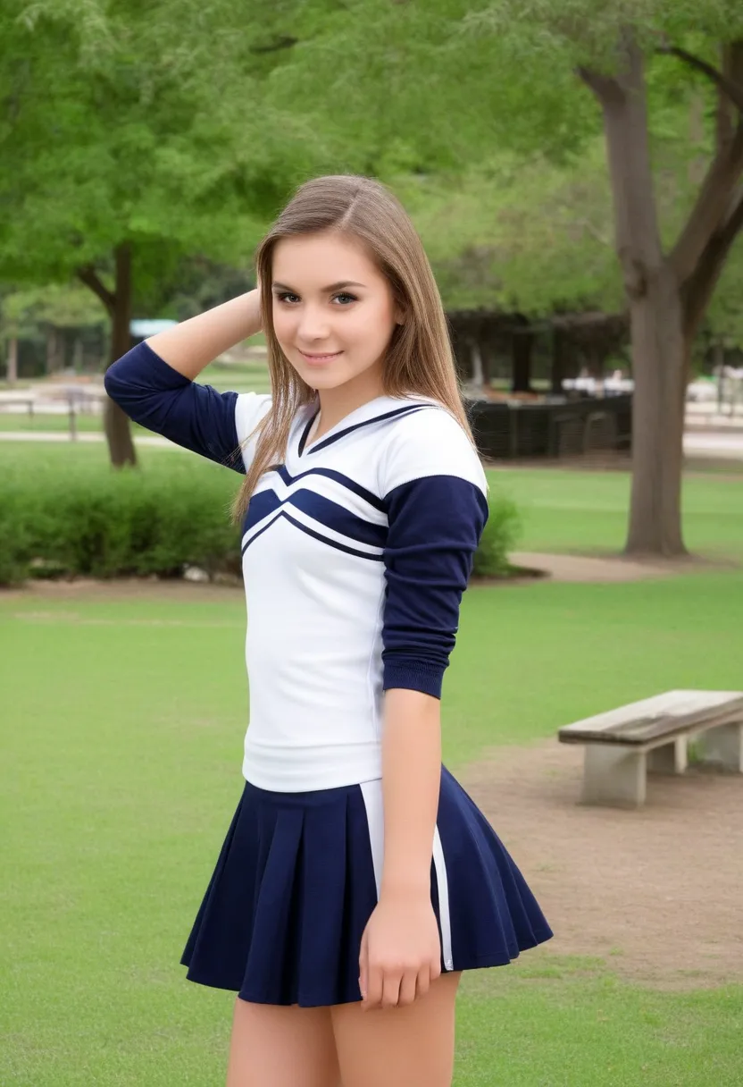 Laura b,cheerleader uniform,park,looking at viewer,full body,solo,teen,happy,