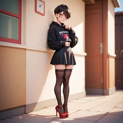  1femboy, stands on his feet, short black hair,  brown eyes,  red thong, black sweatshirt with the words "sissyboy",  black stockings, black skirt 50 cm, red high heels, shy,  decent