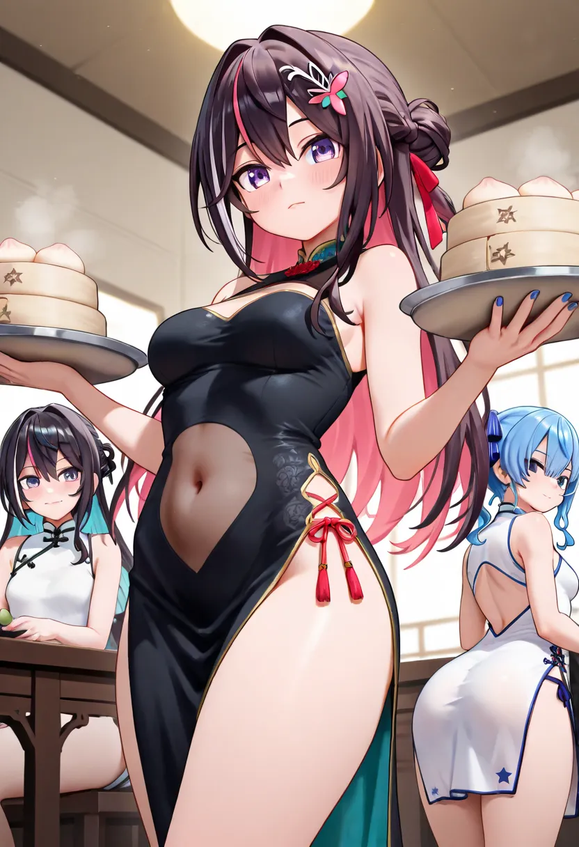 azki (hololive), Hoshimachi Suisei, looking at viewer, blue eyes, multiple girls, black hair, hair accessory, closed mouth, two girls, bare shoulders, medium breasts, blue hair, purple eyes, thighs, large breasts, food, sleeveless, alternative outfit, indo...