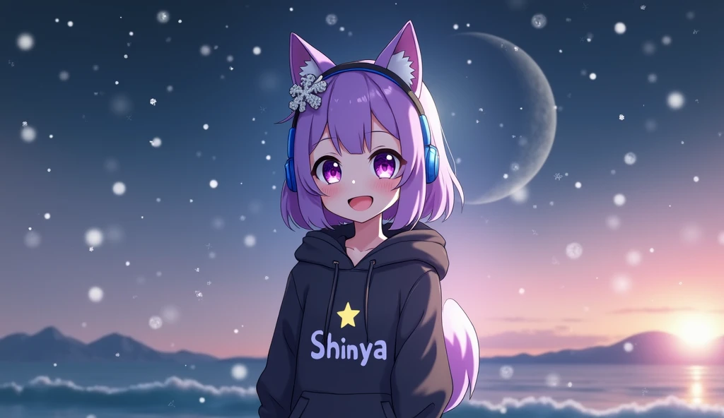 "A cute anime girl with purple hair, wearing a black hoodie with the word 'Shinya' on it. The hoodie has a small golden star. She is smiling with bright purple eyes and wearing blue headphones. She is a normal human girl, with no animal traits, no cat ears...