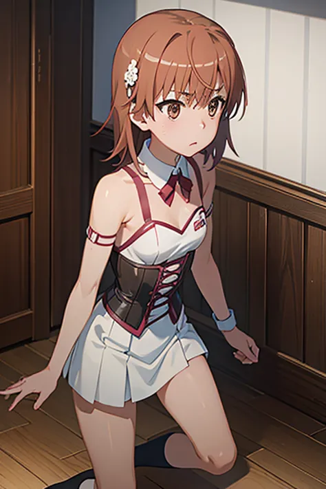 Mikoto misaka.、A Certain Scientific Railgun、girl、Small breasts、whole body,blush,bondage corset、best quality,