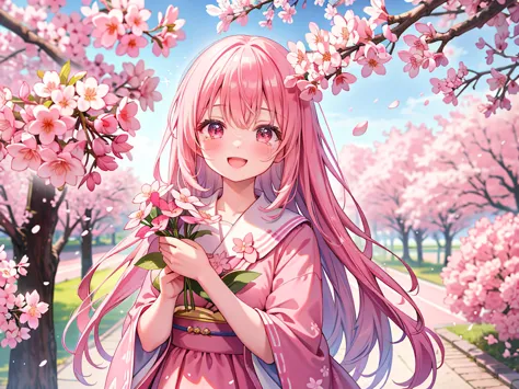 graduation ceremony, bouquet, cherry blossom fluttering, absurdity, mystical, fantastic, crying with a smile, bright and cheerful, background of cherry blossoms, best quality, insanely detailed, exquisite, hyper detailed, high quality, detailed, ultra deta...