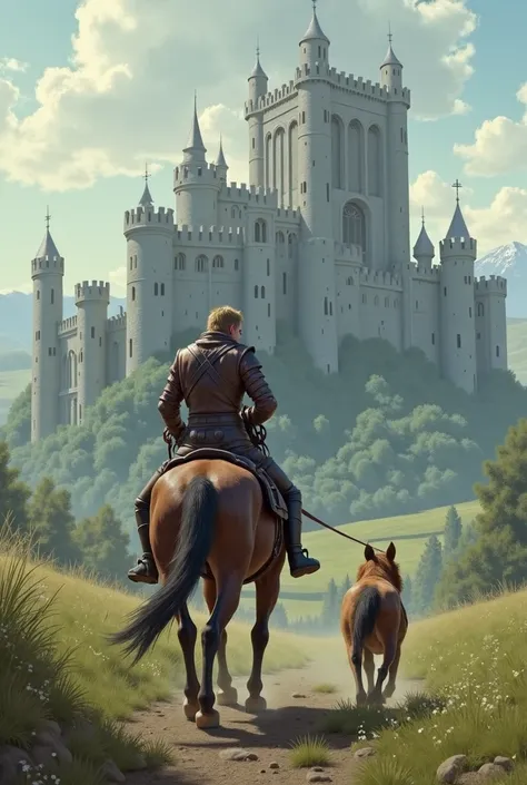 Play a horseman around a castle with his guard dog 