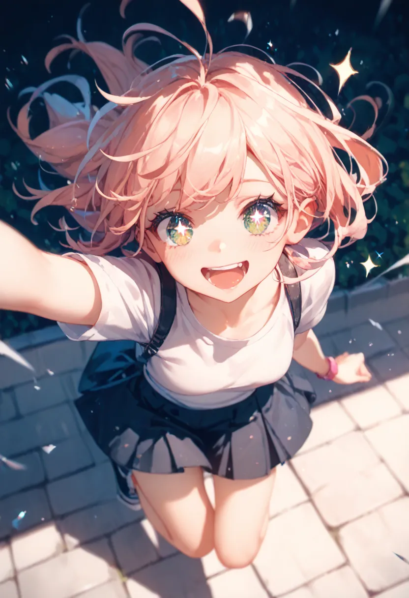 a girl in neat clothes , strong wind , Flashing light , ecstatic expression , High Angle Point of View , wide-angle lens , shoulder-flapping arm , two legs jumping off , sparkling eyes 