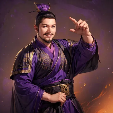 (  image up to thighs), (  top quality 4k  ), ( ancient China ), ( Perfect Ratio ), ( short mustache ), (shot), ( dark purple costume),   young male , (smile), Side shot,  cowboy shot,  simple background 