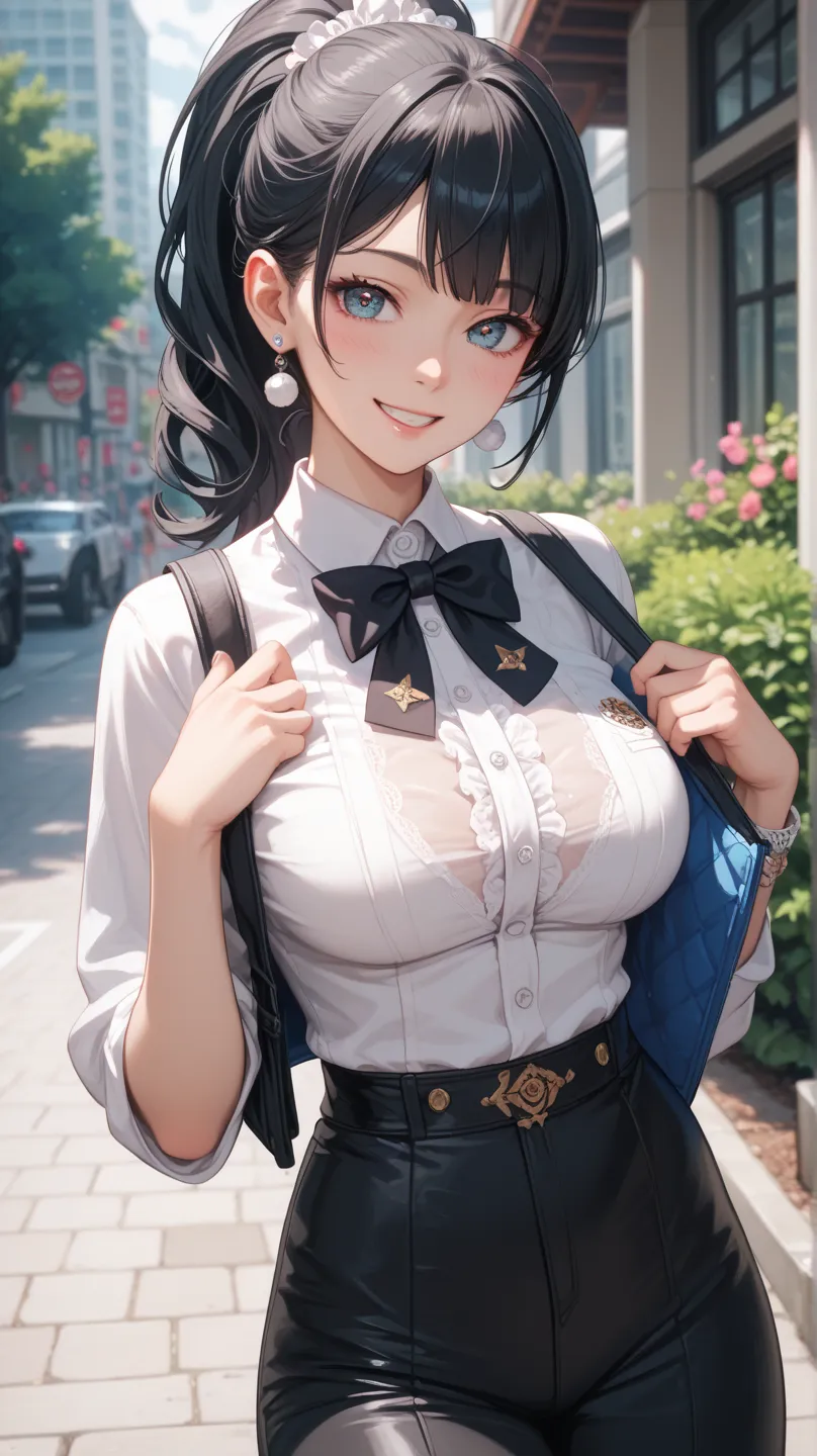 quality（ masterpiece　 delicate depiction　UHD（Ultra Fine）・super detail（very detailed）・best quality（最高quality）4K）appearance（woman　１８Age　 very attractive face 　ponytail　PASTEL COLOR　odd-eye　smile　 black hair　 suit）composition（Outdoors　Goshuin　Warm colors）　 st...