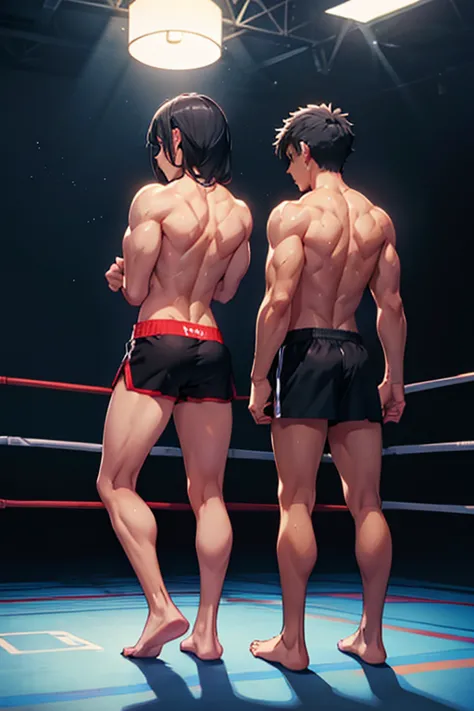  boxingリング、 girls on the left、1 person、(((( shirtless))))、 black tight sport shorts、  black hair、 ((((Back muscles))))、 Standing posture 、(((( muscular))))、(( back view))、 boxing
