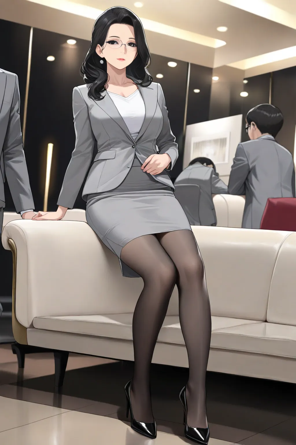 (High quality, 4K, Ultra-high resolution,High-definition illustrations, Masterpiece, extremely detailed),1 girl, medium height, mature lady, slender body, medium breast, black hair, long hair, black eyes with high lights, eye glasses, gray suits, gray jack...