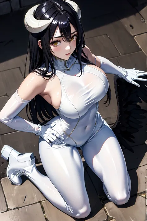  A high resolution ,  masterpiece pixiv , ((intricate details)), hand, (seen from above),  1 girl,  kneeling on the floor , BLACK WINGS, ((tight white bodysuit)), ((shiny white leggings)), ( white gloves), ( white boots ), (full body), big breasts,  beauti...