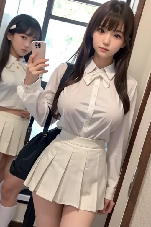 Japanese、High school girls、JK、（Clothing）、18-year-old、NSFW、（Big Breasts）、tits、White skin、cute、Narrow waist、Beautiful feet、Thin legs、slender、uniform、blouse、ribbon、（mini skirt）、Pleated skirt、Brasilia