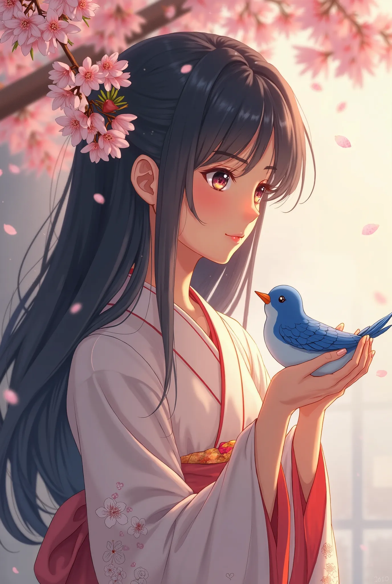 Create anime image of a little blue bird embraced by a Japanese woman with long hair 