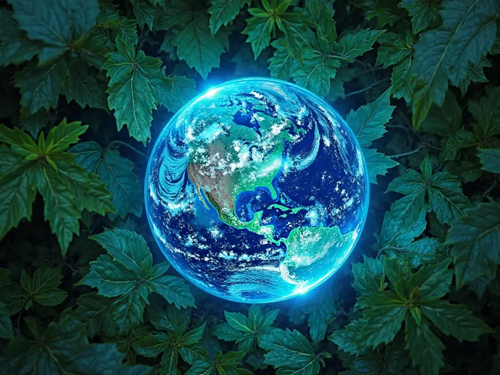 Eco-Inspired Digital Wallpaper: A vibrant backplate of lush leaves intertwined with earthy concepts. Featuring a luminous blue neon light symbolizing innovation, a photorealistic earth representing our planet, and refurbished laptops showcasing sustainable...