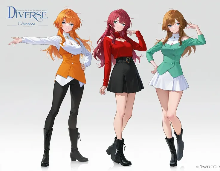 (3 adult girls), anime characters, outfit designs, diverse outfits, character design, outfit design, pose, different hair color, boots,
