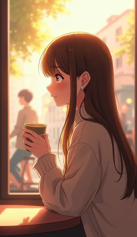 A heartwarming anime-style illustration of a 24-year-old woman sitting at a café table near a window, holding a warm cup of coffee. She wears a stylish knit sweater, and her long brown hair is tucked gently behind her ear. She gazes out the window with a s...