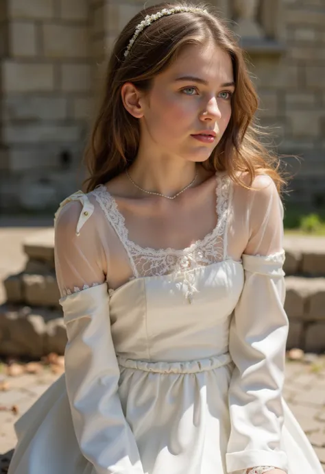 Ultra realistic gorgeous 21-year-old German brunette altar boy ,  beautiful eyes .  long brown hair with wavy hair .     hairband    ,  Cross necklace , long shiny white satin altar dress with tight lace collar around the neck and white long satin sleeves ...