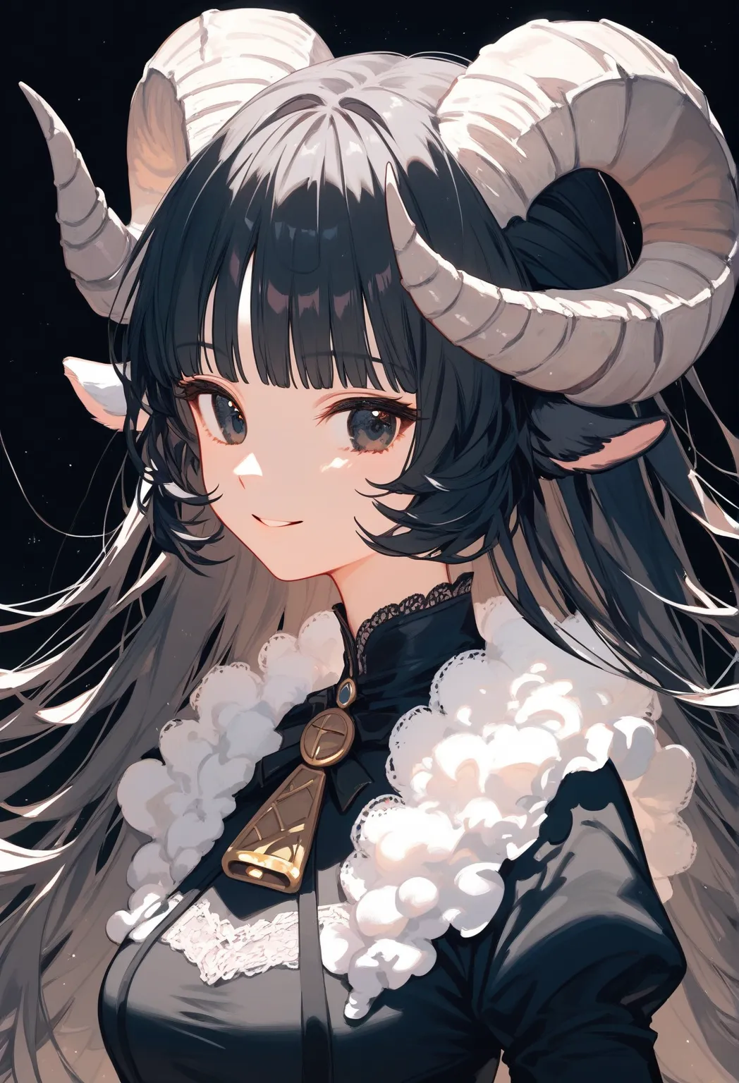 (score_9, score_8_up, score_7_up), 1girl, solo, white sheep horns, curled horns, black sheep ears, dark blue hair, long hair, hime cut, long bangs, curled horns, black eyes, soft smile, medium breasts, standing, wearing a soft black long sleeve, sleeve lac...