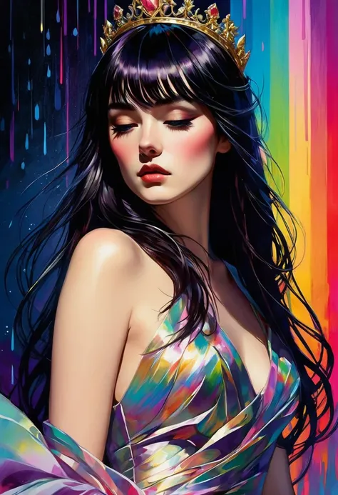 chiaroscuro technique on sensual illustration of an elegant queen (((long hair with bangs:1.4、Beautiful bangs) , vintage ,silky dress, matte painting, by John Singer Sargent, by Harumi Hironaka, abstract background, (upper body:1.5), Rainbow rain, highly d...