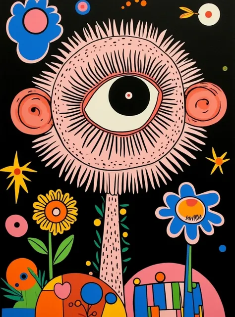  One Eye，Cyclops， colorful,   Textured Floral Objects   +  Architectural art such as fluffiness + Material, seed,  snowflake, coral, Twisted,   Strange  , Digital Installation Art  , Combined abstract sculpture  , black background