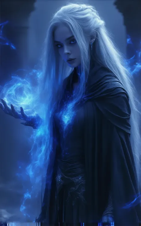 Dungeons and Dragons, female Necromancer, beautiful face, very long silver hair, magic, fantasy background, sexy, seductive, high detail, masterpiece.