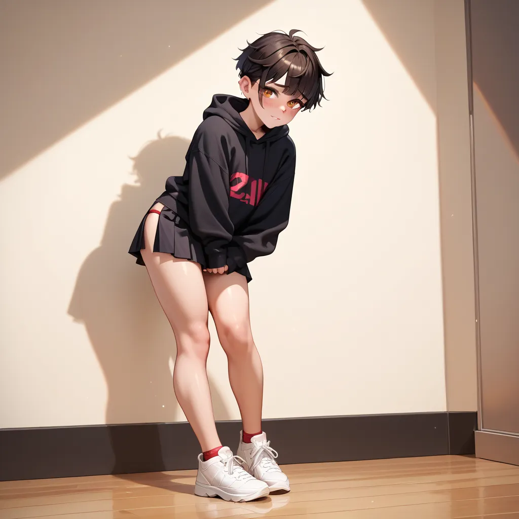  1femboy, stands on his feet, short black hair,  brown eyes,  red thong, black sweatshirt with the words "sissyboy", black skirt 50 cm, white sneakers, shy,  decent