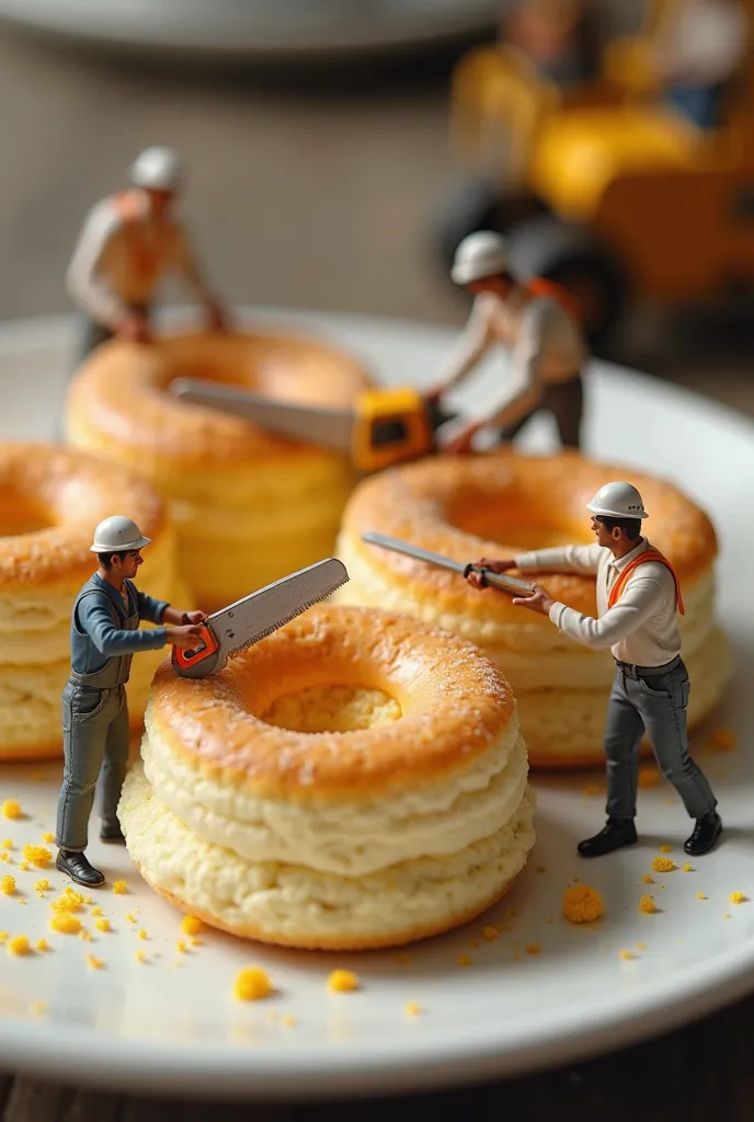 /imagine prompt: A hyper-realistic, cinematic close-up of miniature workers laboring on soufflés. Two workers are using saws to cut the soufflés, while another stands at the edge. One worker operates a forklift pushing the soufflés, and another uses small ...