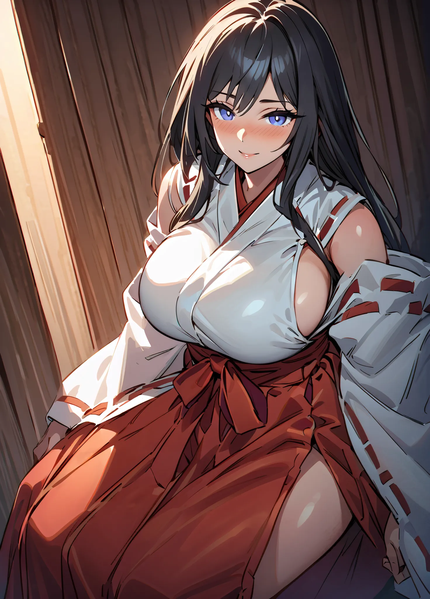 masterpiece,best quality,amazing quality,absurdres,volumetric lighting,detailed shadows,
BREAK
1 Japanese mature female,solo,large breasts,black hair,miko-chihaya-outfit,miko,miko-outfit,kimono,red hakama,Loose clothing,overhang,