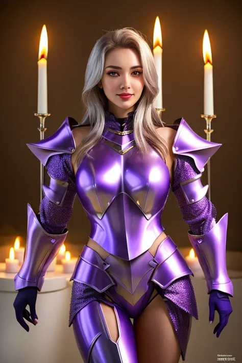 ((Woman in futuristic silver and purple armor)), thick thighs, happy, realistic skin, realistic looking, realistic textures, candlelit