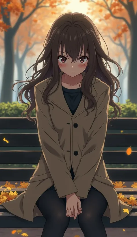 A melancholic anime-style illustration of a 23-year-old woman sitting alone on a park bench during an overcast autumn afternoon. She wears a light beige coat, her hands resting on her lap as she looks down with a slightly troubled expression. Her long brow...