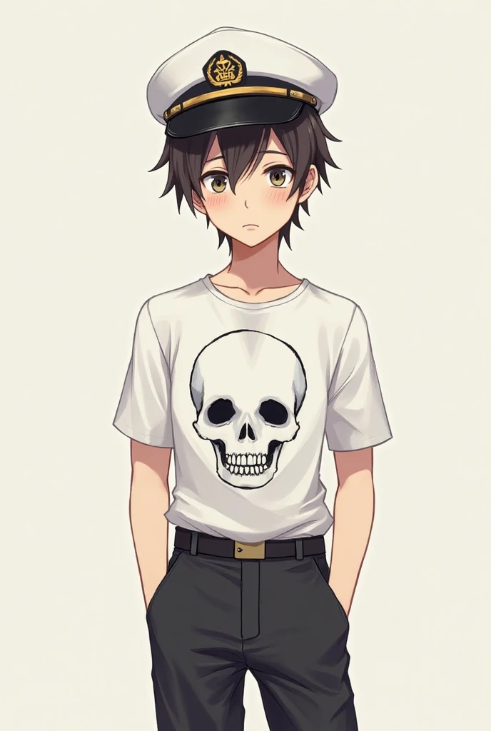 It's an anime man wearing a white captain's hat. He was wearing black flared pants, a white skull, and a white shirt, and was shy