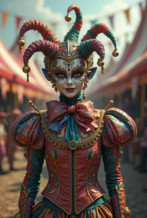 A circus jester wearing a carnival mask 