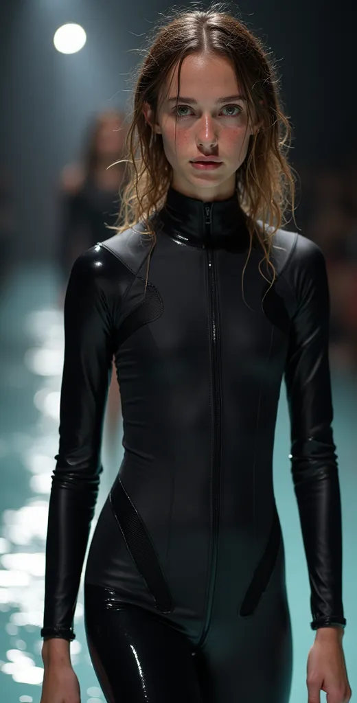 a beautiful wet young aged woman wearing a shiny latex darkgrey black cut-out creative designer wetsuit extreme highrise leotard crotch. Pointy hipbones pushed outfront, There is lots of bright light. Well-lit runway photo spotlight yungmodel, Wet hair out...