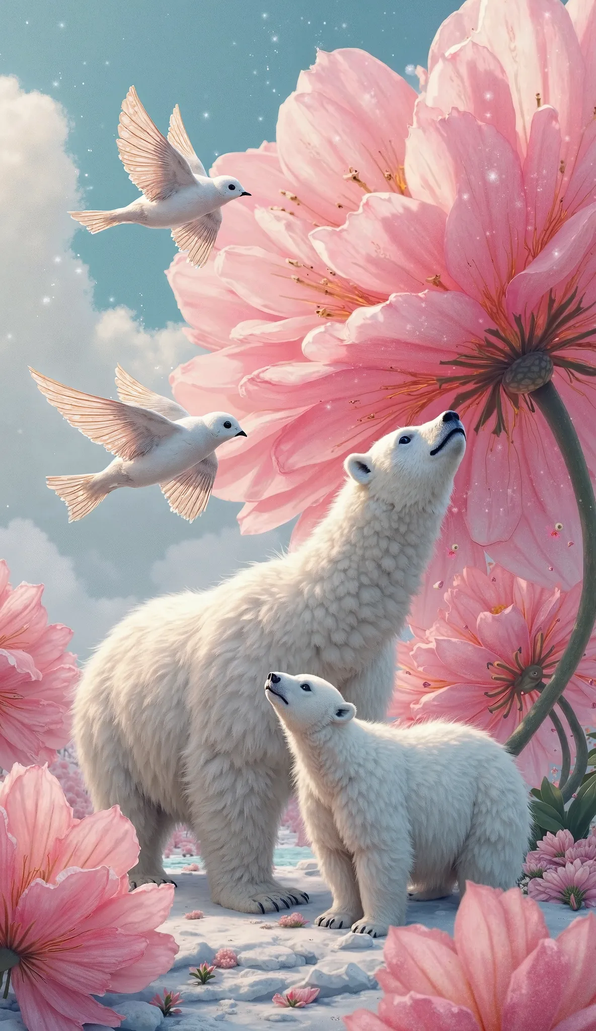  illustration style ，Swallows fly next to polar bears，large pink begonia flower background