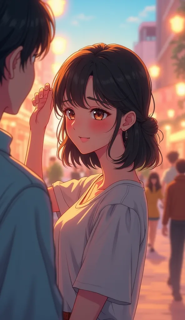 A beautifully emotional anime-style illustration of a 25-year-old woman standing in a city square, catching the gaze of a young man in the distance. Her cheeks flush with a gentle pink hue, and her eyes widen slightly in surprise before she quickly looks a...