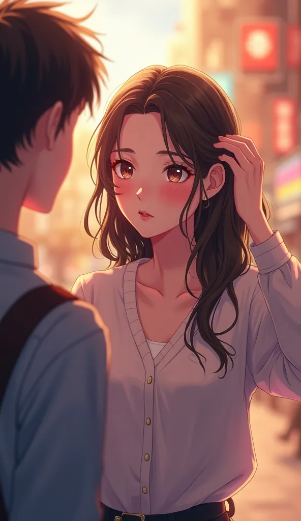 A beautifully emotional anime-style illustration of a 25-year-old woman standing in a city square, catching the gaze of a young man in the distance. Her cheeks flush with a gentle pink hue, and her eyes widen slightly in surprise before she quickly looks a...