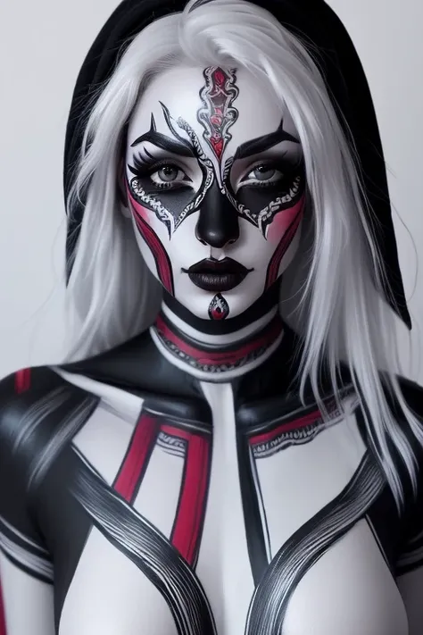 (  high definition), Elf, (black and white double line pattern body paint:1.3), ( Red and Silver Tribal Style Body Paint and Face Paint:1.2),  Paint your whole body with white paint :1.3), Silver Hair Straight,   asymmetrical pattern    , ( full body portr...