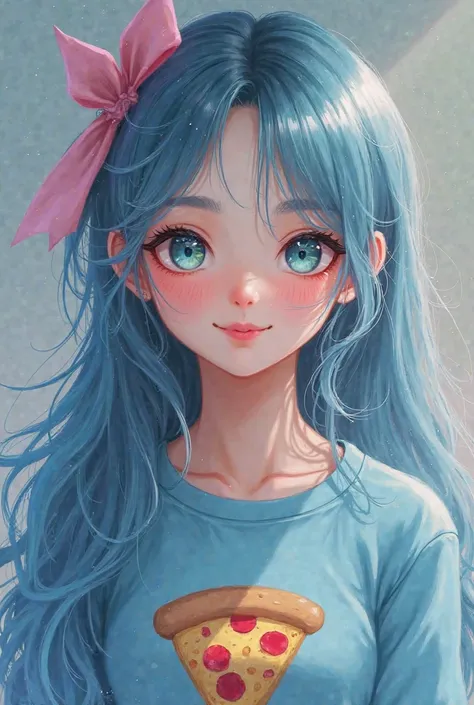 Create a White beautiful 18 years old woman, that has wonderful skyblue eyes, marine blue hait color and a Pink ribbon, a blue long sleeve shirt with a pizza as a logo, and a beautiful smile