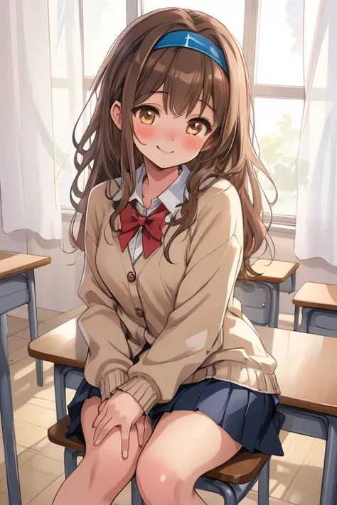 masterpiece,TOP QUALITY,Super Detail,8k,１girls uncensored, brown hair semi-long　 fluffy　 inner color　 headband　 brown eyes　Blushing　 look away 　cute smile up to the knee　cream long sleeve cardigan　dark blue skirt　sitting in a classroom at school　white curt...