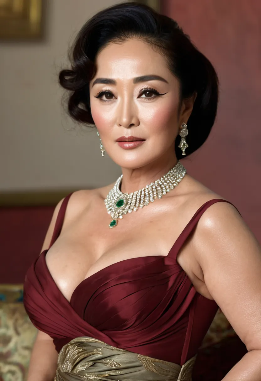 (realistic,best quality,4k,8k,highres,masterpiece:1.2),ultra-detailed,(realistic,photorealistic,photo-realistic:1.37), a noble madame over 47 years old, (mix of gong li and Elizabeth Taylor), powerful,  dominating presence,  thick thighs, plump figure