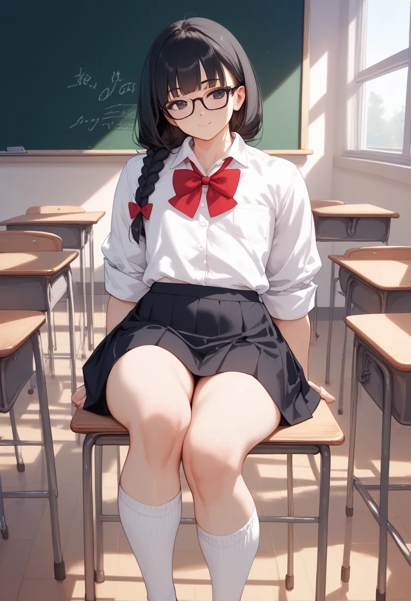 Female, woman, thin female, thin woman, white bottom shirt, black skirt, flat chest, flat chest female, black hair, black eyes, classroom, glasses, black glasses, nerd girl, red bow, young, sahs, tall white socks, 25 year old, transforming into a muscular ...